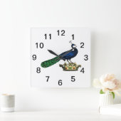 紋章風 ヴィンテージ スタイルの孔雀の王冠C スクエア壁時計 (ホーム)