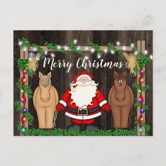 納屋で可愛いサンタと馬メリークリスマス シーズンポストカード (正面)