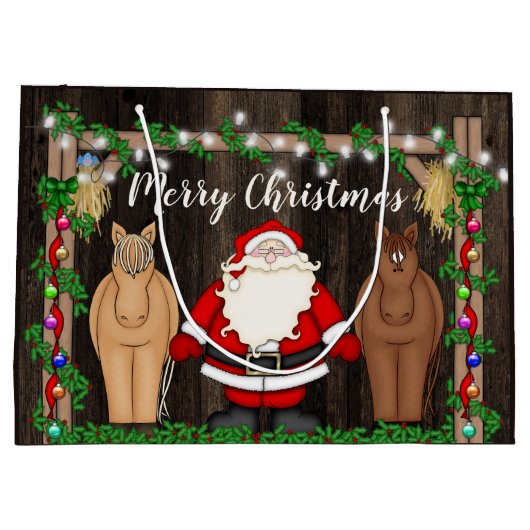 納屋で可愛いサンタと馬メリークリスマス ラージペーパーバッグ (裏面)
