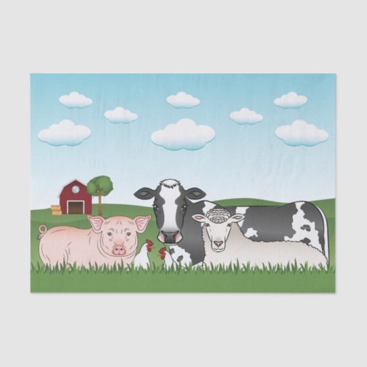 納屋と青い空を持つかわいいマンガの家畜 薄葉紙 (正面)