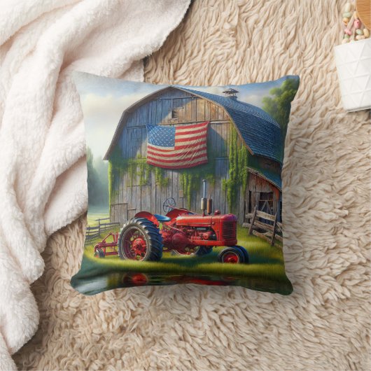 納屋にアメリカ国旗を掲げたレッドファームトラクター クッション (ブランケット)
