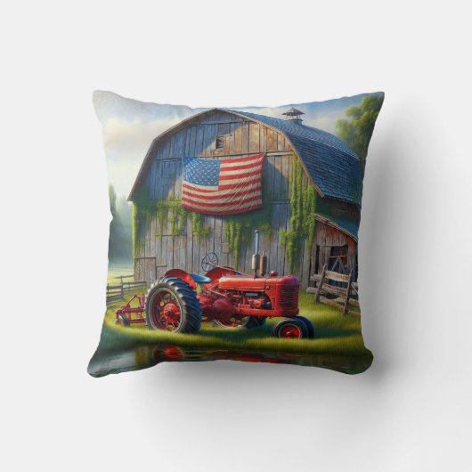 納屋にアメリカ国旗を掲げたレッドファームトラクター クッション (裏面)