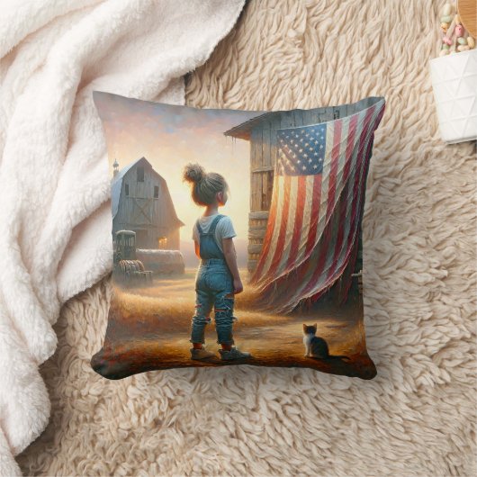 納屋にアメリカ国旗を掲げた小さな女の子 クッション (ブランケット)