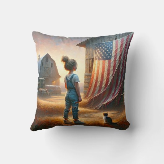 納屋にアメリカ国旗を掲げた小さな女の子 クッション (裏面)