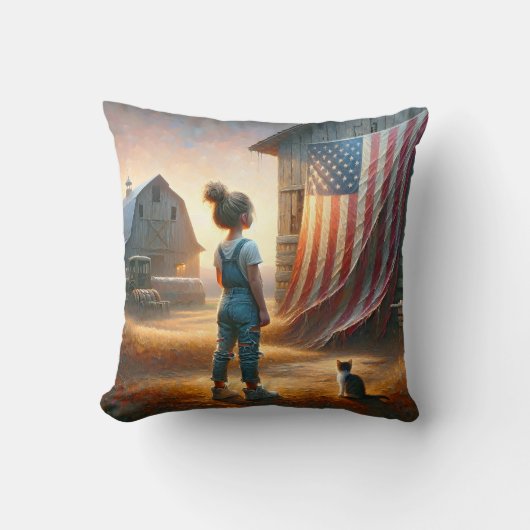 納屋にアメリカ国旗を掲げた小さな女の子 クッション (正面)
