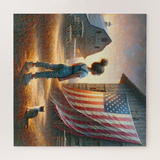 納屋にアメリカ国旗を掲げた小さな女の子 ジグソーパズル (横)
