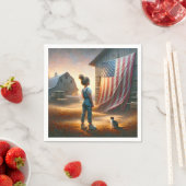 納屋にアメリカ国旗を掲げた小さな女の子 スタンダードカクテルナプキン (インサイチュ)