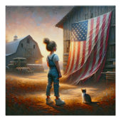 納屋にアメリカ国旗を掲げた小さな女の子 ポスター (正面)