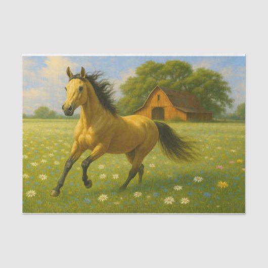 納屋のある牧場を走る馬のデコパージュペーパー 薄葉紙 (正面)