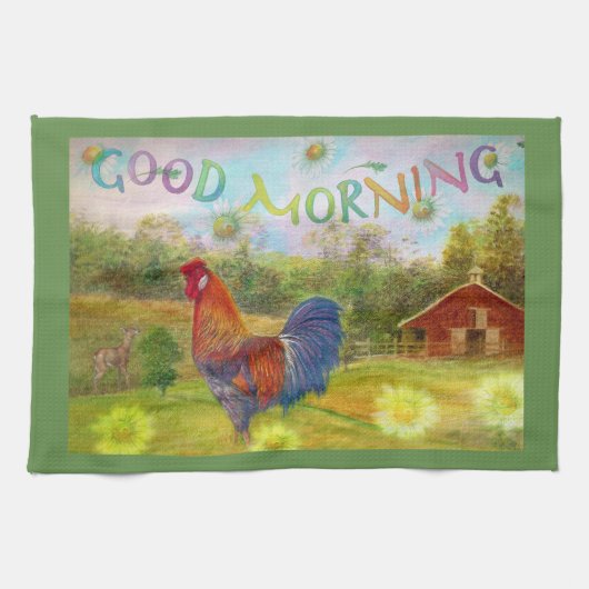 納屋のおはようのオンドリ キッチンタオル (横)