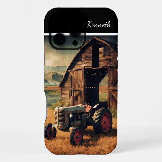 納屋のそばで休むトラクター iPhoneケース (裏面)