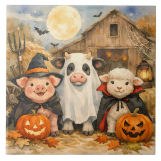 納屋のそばのウォーターカラーハロウィンファームアニマル タイル