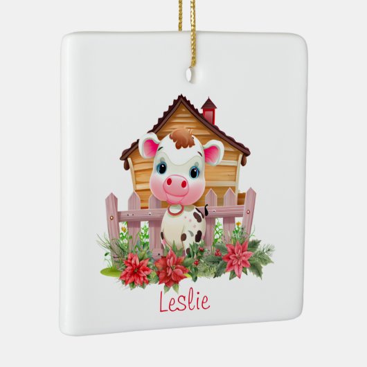 納屋のクリスマスに呼ばれるかわいいパーソナライズされた牛 セラミックオーナメント (右)