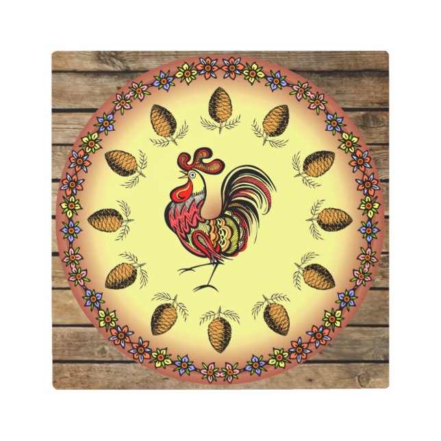 納屋のサイン～16進数のサイン～雄鶏～松のコーン～に注ぐ メタルプリント (正面)