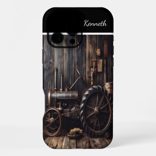 納屋のレトロなトラクター iPhoneケース (裏面)