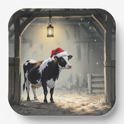納屋の入り口に立つヘレフォード種のクリスマスコウ ペーパープレート (正面)