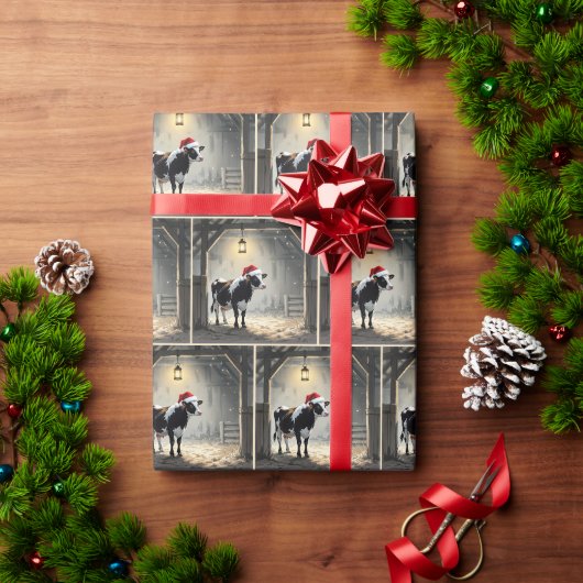 納屋の入り口に立つヘレフォード種のクリスマスコウ ラッピングペーパー (クリスマスギフト)