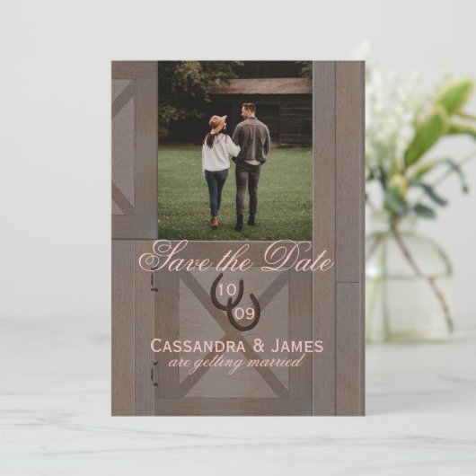 納屋の安定したドア写真で日付を保存 招待状 (スタンド正面)