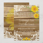 納屋の木のひまわりとヴィンテージのレースのウェディング 招待状 (正面/裏面)