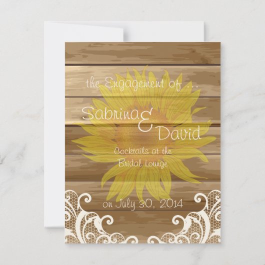 納屋の木のひまわりとヴィンテージのレースのエンゲージメント 案内状 (裏面)