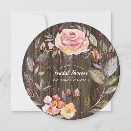 納屋の木の秋の花のリース ブライダルシャワー 招待状 (正面)