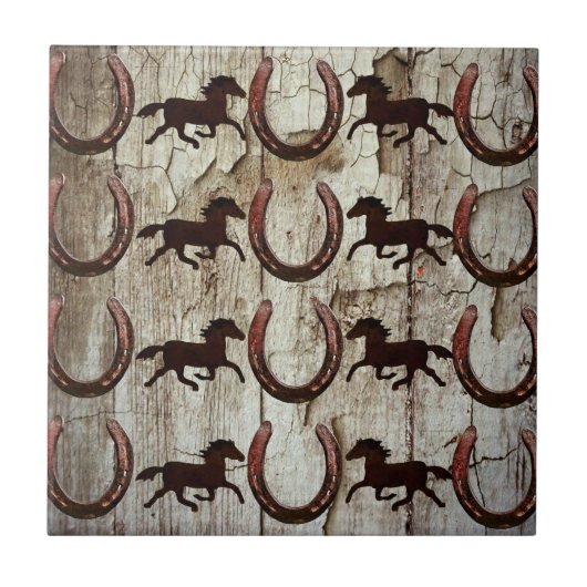 納屋の木製のカウボーイのギフトの馬の蹄鉄 タイル (正面)