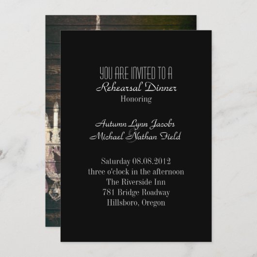 納屋の木製のシャンデリアの結婚式のリハーサルの夕食 招待状 (正面/裏面)