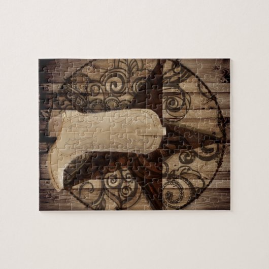 納屋の木製のテキサス州の単独星の西欧諸国の女性のカーボーイ ジグソーパズル (横)