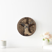 納屋の木製のテキサス州の単独星の西欧諸国の女性のカーボーイ ラウンド壁時計 (ホーム)