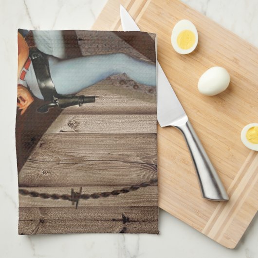 納屋の木製のテキサス州星の西欧諸国の女性のカーボーイ キッチンタオル (四つ折り)