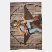 納屋の木製のテキサス州星の西欧諸国の女性のカーボーイ キッチンタオル (縦)