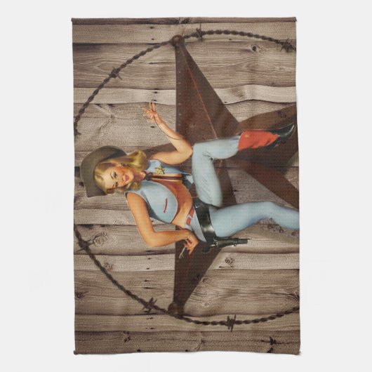 納屋の木製のテキサス州星の西欧諸国の女性のカーボーイ キッチンタオル (縦)