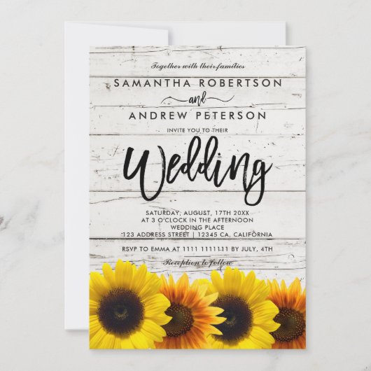 納屋の木製のヒマワリのタイポグラフィの素朴な結婚式 招待状 (正面)