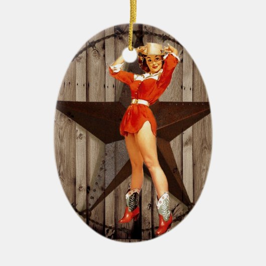 納屋の木製の単独星の西欧諸国の女性のカーボーイ セラミックオーナメント (正面)