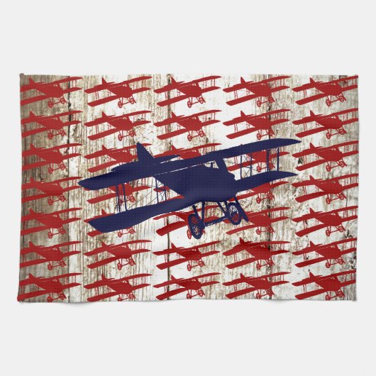 納屋の木製の航空ギフトのヴィンテージの複葉機 キッチンタオル (横)