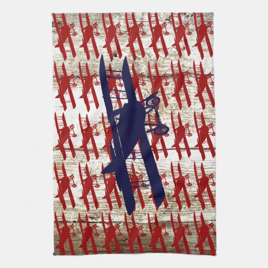 納屋の木製の航空ギフトのヴィンテージの複葉機 キッチンタオル (縦)