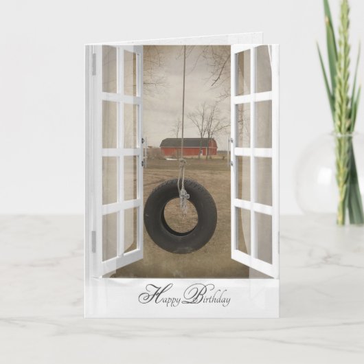 納屋の誕生日を持つ古いタイヤスイング カード (正面)