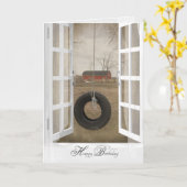 納屋の誕生日を持つ古いタイヤスイング カード (黄色い花)