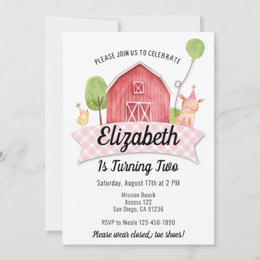 納屋の誕生日招待状、女の子の農場パーティー 招待状 (正面)