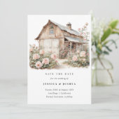 納屋のSave the Date, ラスティックなファームハウスの花  招待状 (スタンド正面)