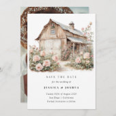 納屋のSave the Date, ラスティックなファームハウスの花  招待状 (正面/裏面)