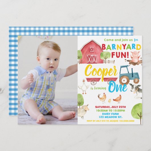 納屋周囲の庭おもしろい男の子の誕生日パーティファーム動物写真 招待状 (正面/裏面)