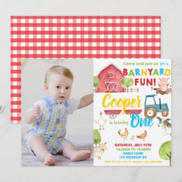 納屋周囲の庭おもしろい1st誕生日パーティーファームアニマルフォト 招待状