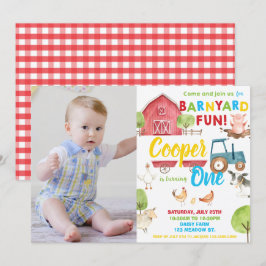 納屋周囲の庭おもしろい1st誕生日パーティーファームアニマルフォト 招待状