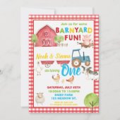 納屋周囲の庭おもしろい1st誕生日パーティーファーム動物ツインズ 招待状 (正面)