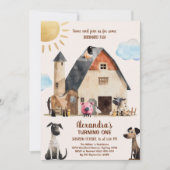 納屋周囲の庭おもしろい1st誕生日パーティーファーム動物 招待状 (正面)