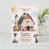 納屋周囲の庭おもしろい1st誕生日パーティーファーム動物 招待状 (スタンド正面)