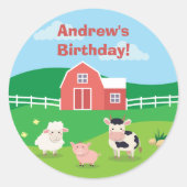 納屋周囲の庭と動物の誕生日パーティーの好意ステッカー ラウンドシール (正面)
