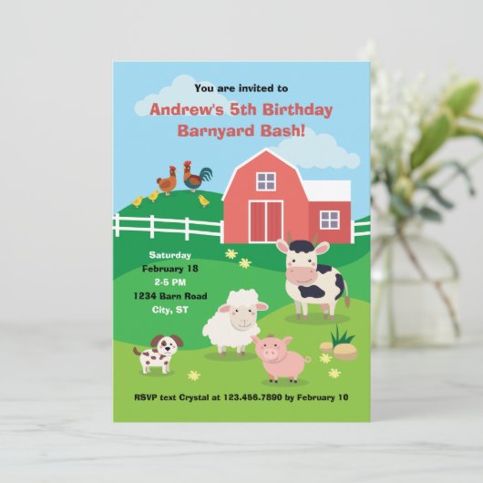 納屋周囲の庭と動物の誕生日パーティーの招待 招待状 (スタンド正面)