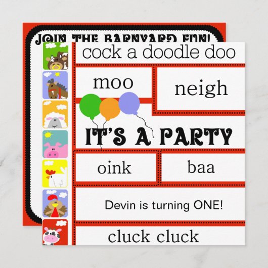 納屋周囲の庭のアニマル・ファーム牛ブタの馬の誕生日 招待状 (正面/裏面)